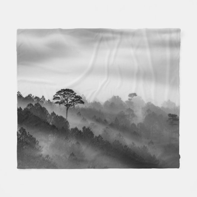 Big Tree in Pine Forest in the Mist Fleece Blanket (Front (Horizontal))