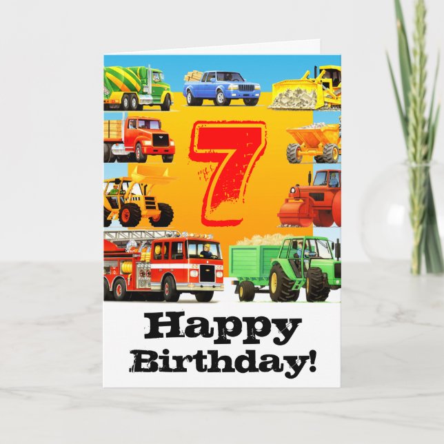 Big Trucks 7th Birthday Party Card (Front)