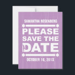 Big Type Bat Mitzvah Save the Date in Purple<br><div class="desc">This Bat Mitzvah save the date invitation puts a spotlight on your daughter’s big day. Be bold and be sure your guests are saving the date. Thick horizontal lines anchor large type, each one bookended with a Star of David. A dancing silhouette is ensconced in the letter B. And there...</div>