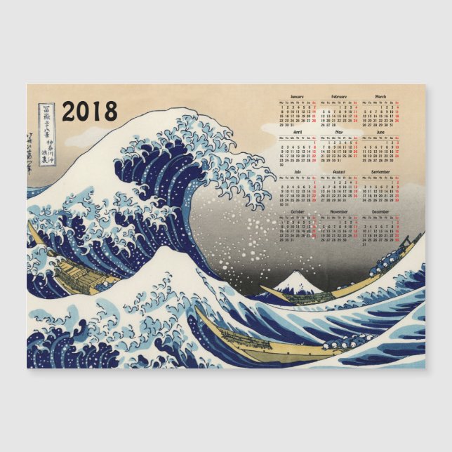 Big Wave off Kanagawa 2018 calendar magnetic card (Front)
