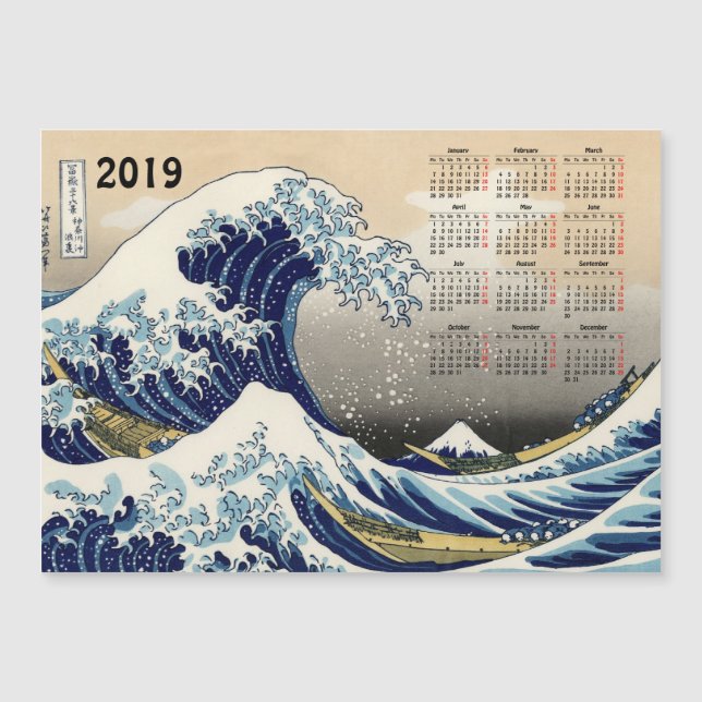 Big Wave off Kanagawa 2019 calendar magnetic card (Front)