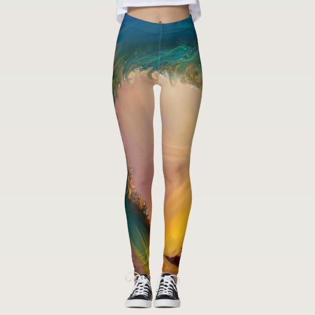 Big wave with sunset and abstract swirls leggings (Front)