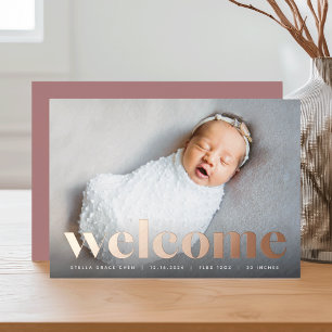 Big Welcome   Rose Gold Foil Birth Announcement