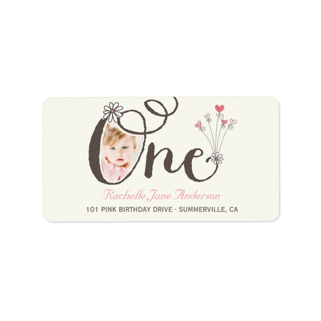 Big Whimsical One Baby Girl 1st Birthday Photo Label (Front)