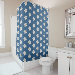 Big White Plumeria Flowers on Award Blue Shower Curtain