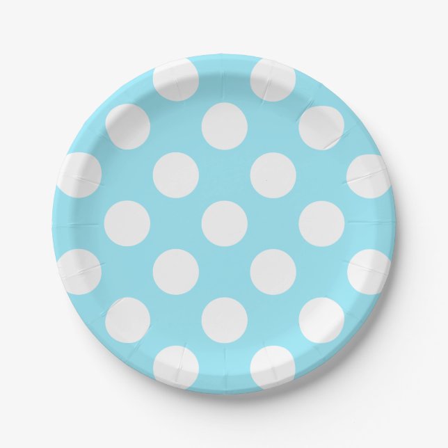 Big White Polka Dots on Summer Sky Blue Paper Plate (Front)