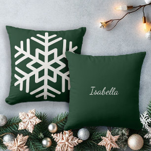 Big White Snowflake on Forest Green Monogram Cushion