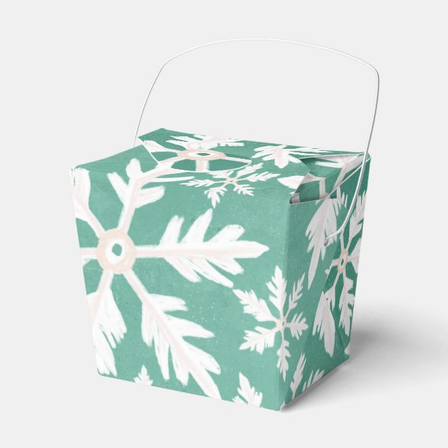 Big White Snowflakes Falling Green Background Favour Box (Front Side)