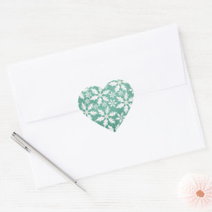 Big White Snowflakes Falling Green Background Heart Sticker