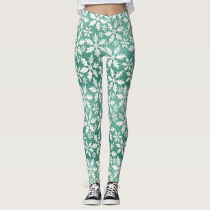 Big White Snowflakes Falling Green Background Leggings