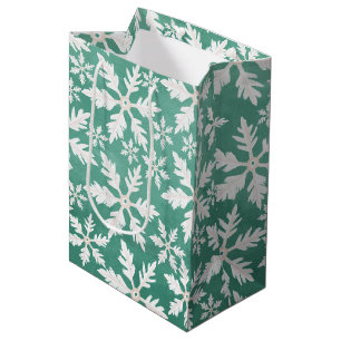 Big White Snowflakes Falling Green Background Medium Gift Bag
