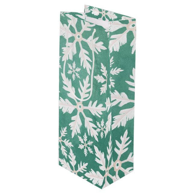 Big White Snowflakes Falling Green Background Wine Gift Bag (Front Angled)
