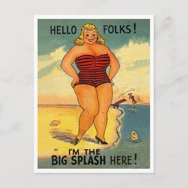 Big woman on the beach, funny vintage postcard (Front)