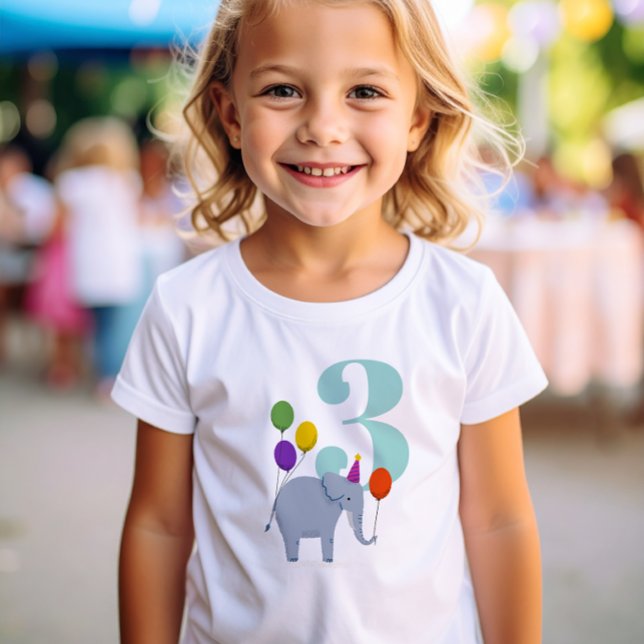 Big Year Birthday Party Elephant T-Shirt (Party Animals 3rd Birthday t-shirt with elephant wearing a party hat and holding colorful balloons)