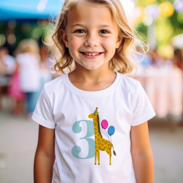Big Year Birthday Party Giraffe T-Shirt (Party Animals 3rd Birthday t-shirt with elephant wearing a party hat and holding colorful balloons)