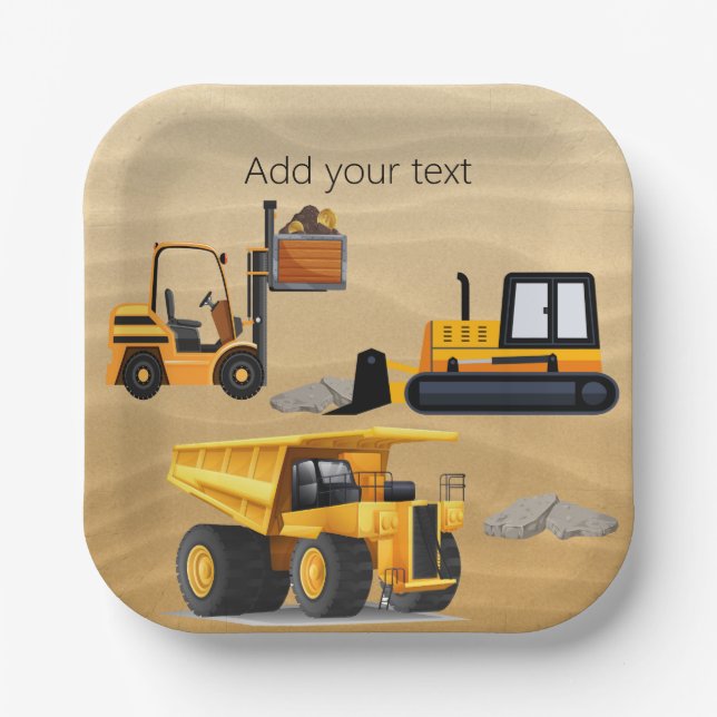 Big Yellow Construction Trucks, Birthday Paper Plate (Front)