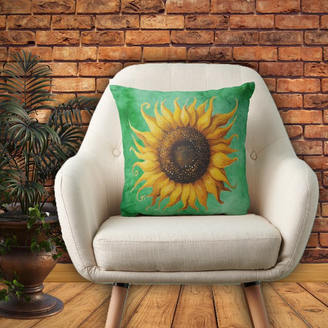 Big Yellow Sunflower Ornate Petals Shades of Green Cushion (Big yellow brown sunflower ornate petals on shades of green decorative indoor pillow.)