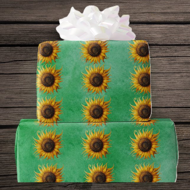 Big yellow Sunflowers Fancy Petals on Green Wrapping Paper (Big yellow brown sunflowers fancy petals on green roll of gift wrapping paper.)