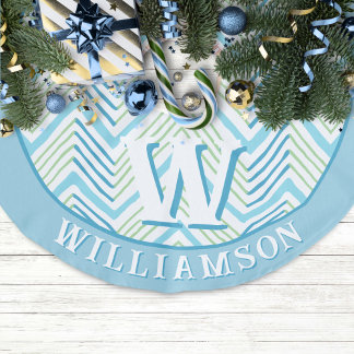 Big Zag Chevron in Green + Aqua Personalised Faux Linen Tree Skirt