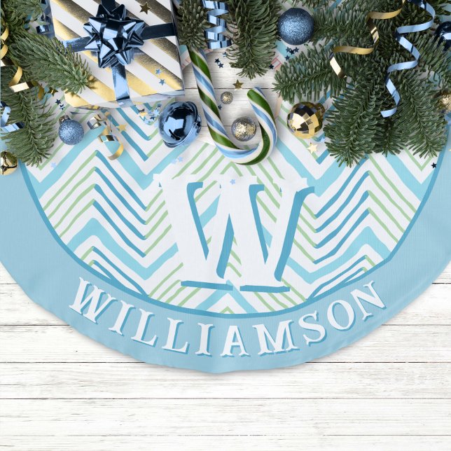Big Zag Chevron in Green + Aqua Personalised Faux Linen Tree Skirt (Creator Uploaded)