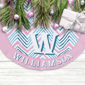 Big Zag Chevron in Pink + Aqua Personalised Faux Linen Tree Skirt