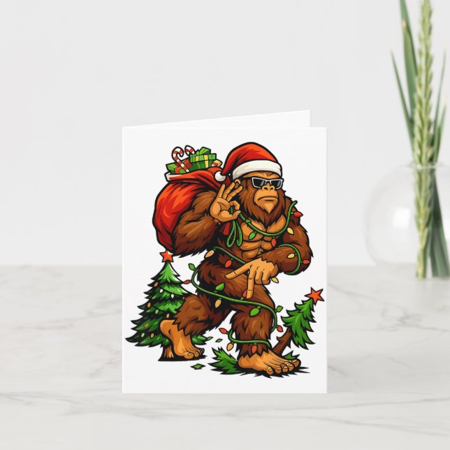 Bigfoot 67 Christmas Tree Lights Xmas Men Sasquatc Card (Front)