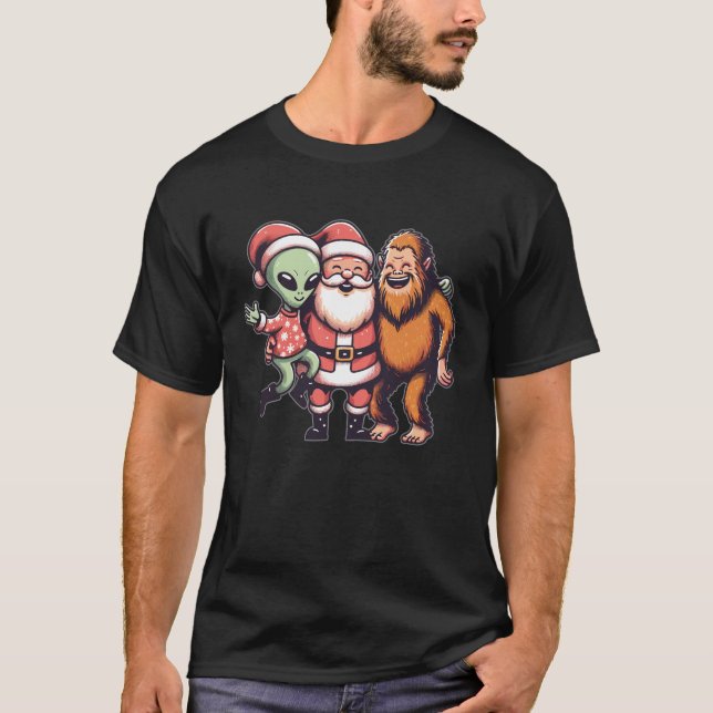 Bigfoot Alien and Santa Claus Believer Cute Christ T-Shirt (Front)