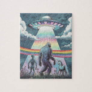 Bigfoot, Alien, and Unicorn with a UFO Jigsaw Puzzle