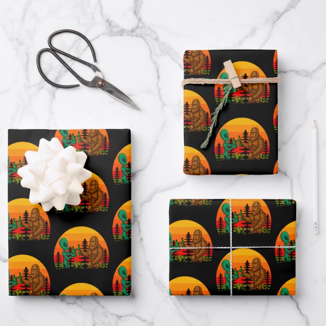 Bigfoot Alien Beer Time Sunset Forest Wrapping Paper Sheet (Front)