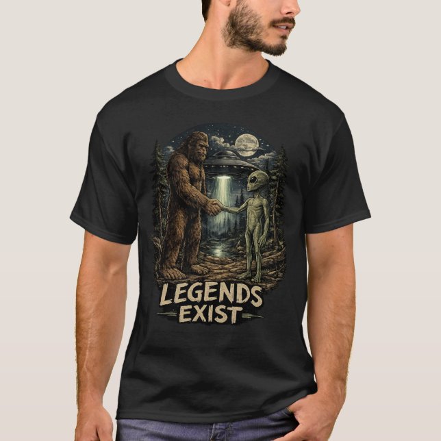 Bigfoot & Alien “Legends Exist” Retro Sci-Fi Funny T-Shirt (Front)