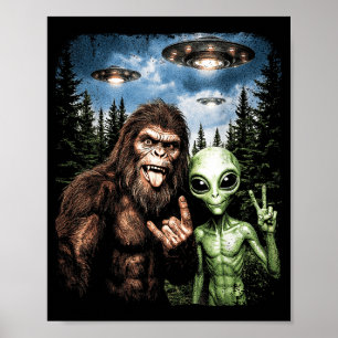 Bigfoot Alien Selfie Rock On Peace Sign Funny UFO