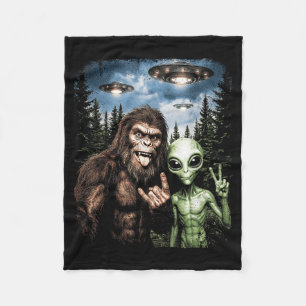 Bigfoot Alien Selfie Rock On Peace Sign Funny UFO Fleece Blanket