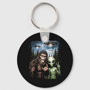 Bigfoot Alien Selfie Rock On Peace Sign Funny UFO Key Ring