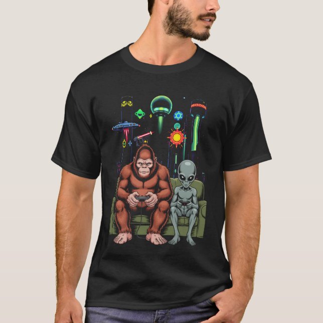 Bigfoot Alien Video Game Console Sasquatch Space C T-Shirt (Front)