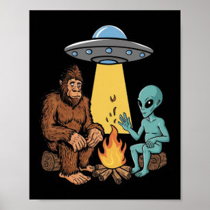 Bigfoot And Alien Campfire For Hikers Hiking Outdo Poster
