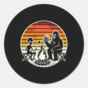 Bigfoot And Alien Camping Drinking Beer Classic Round Sticker