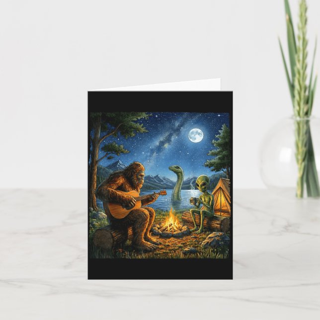Bigfoot And Alien Loch Ness Campfire Sasquatch Fun Card (Front)