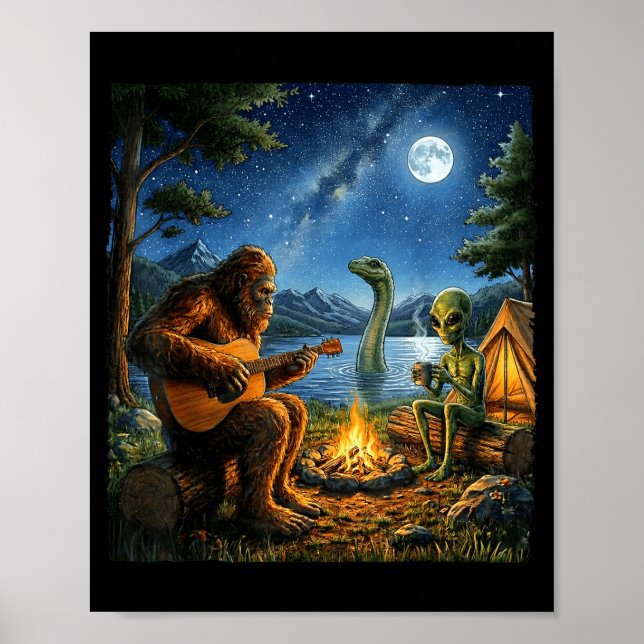 Bigfoot And Alien Loch Ness Campfire Sasquatch Fun Poster (Front)