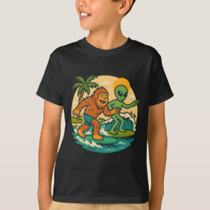 Bigfoot And Alien Surfing Graphic Beach Art Surfer T-Shirt