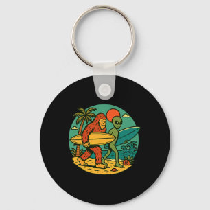 Bigfoot And Alien Surfing Vintage Beach Art Surfer Key Ring