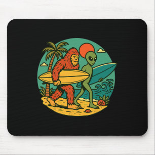 Bigfoot And Alien Surfing Vintage Beach Art Surfer Mouse Pad