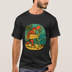 Bigfoot And Alien Surfing Vintage Beach Art Surfer T-Shirt