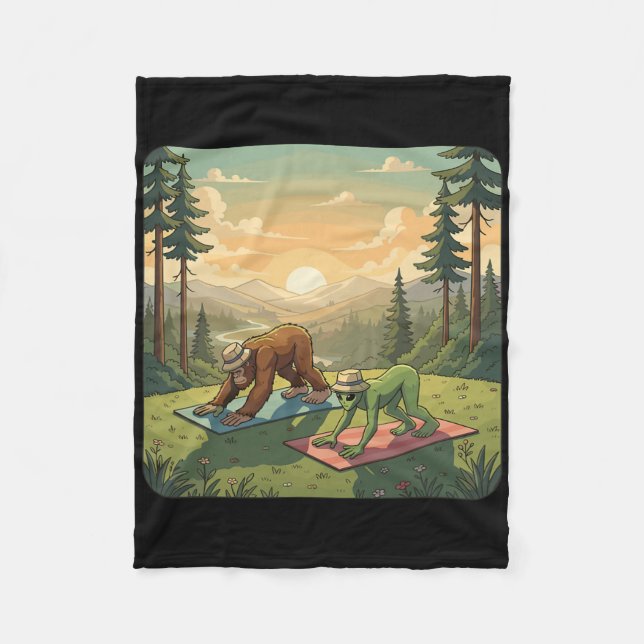 Bigfoot And Alien Yoga  Fleece Blanket (Front)