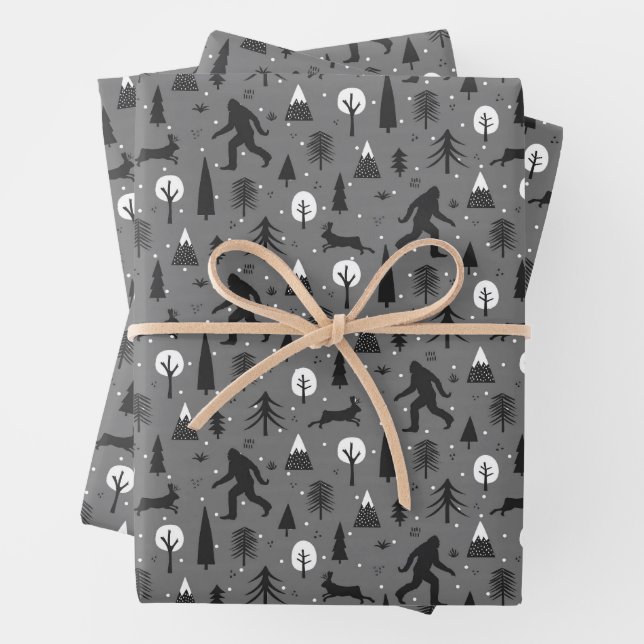 Bigfoot and Jackalope in the Woods Pattern Grey Wrapping Paper Sheet (In situ)