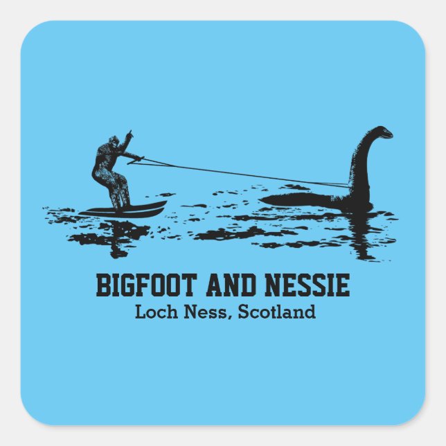 Bigfoot and Nessie Loch Ness Personalised Text Square Sticker (Front)