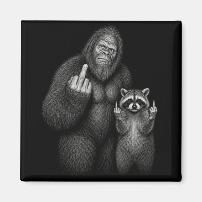 Bigfoot and Racoon Middle Finger  Magnet (Front)
