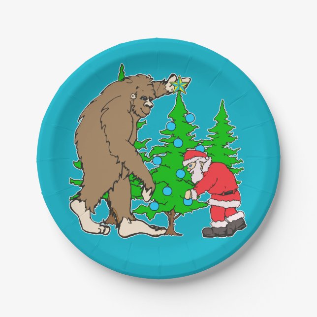 Bigfoot and Santa Christmas Paper Plate (Front)