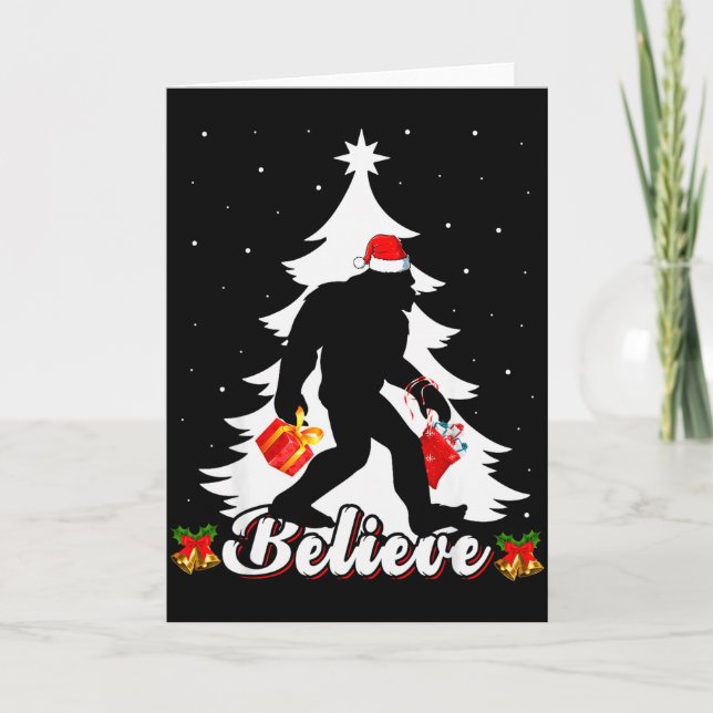 Bigfoot Believe Christmas Tree Funny Santa Sasquat Card (Front)