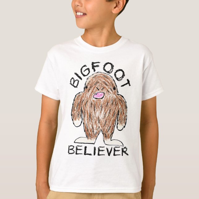 BIGFOOT BELIEVER - Fun Sasquatch Crayon Sketch T-Shirt (Front)