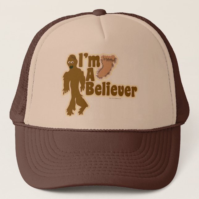 Bigfoot Believer Funny Sasquatch Logo Trucker Hat (Front)